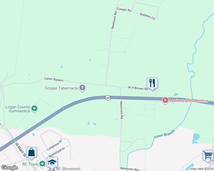 map of restaurants, bars, coffee shops, grocery stores, and more near 189 Newtown Road in Russellville