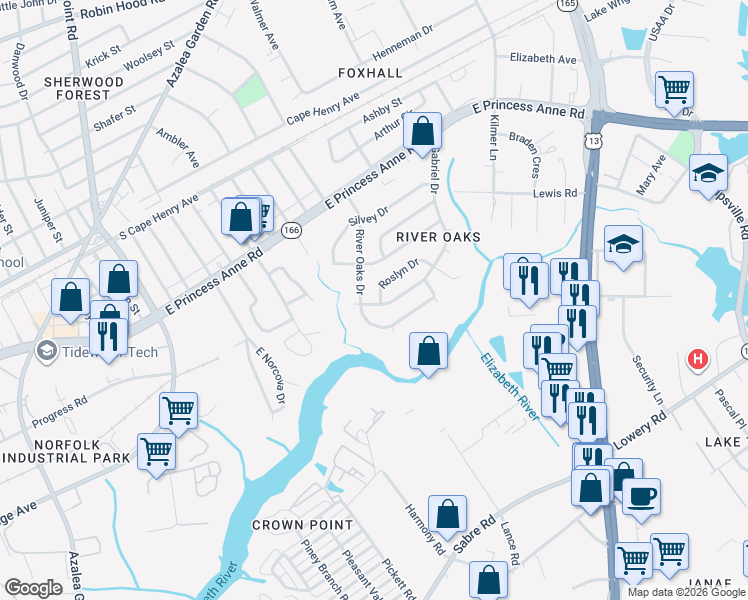 map of restaurants, bars, coffee shops, grocery stores, and more near 1320 Gabriel Drive in Norfolk