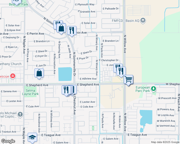 map of restaurants, bars, coffee shops, grocery stores, and more near 2650 East Skyview Avenue in Fresno