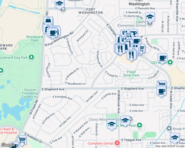 map of restaurants, bars, coffee shops, grocery stores, and more near 9136 N Woodlawn Dr in Fresno