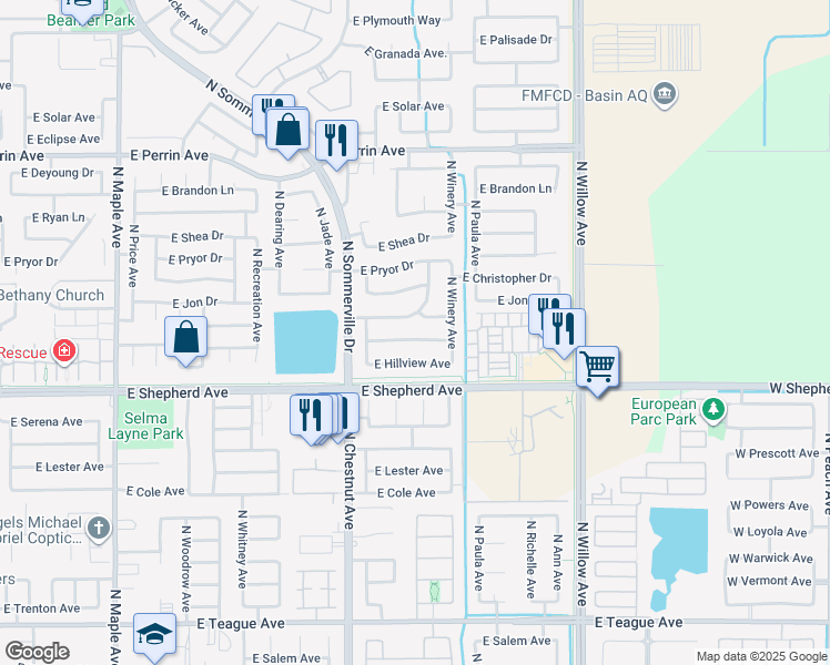 map of restaurants, bars, coffee shops, grocery stores, and more near 2650 East Skyview Avenue in Fresno