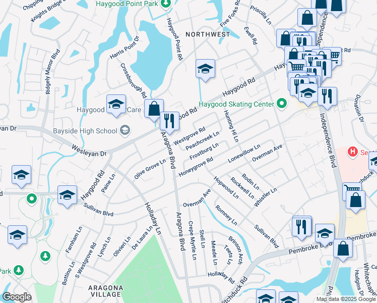 map of restaurants, bars, coffee shops, grocery stores, and more near 4856 Frostburg Lane in Virginia Beach