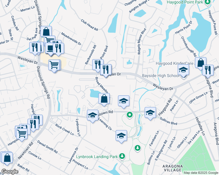 map of restaurants, bars, coffee shops, grocery stores, and more near 816 Broad Meadows Court in Virginia Beach