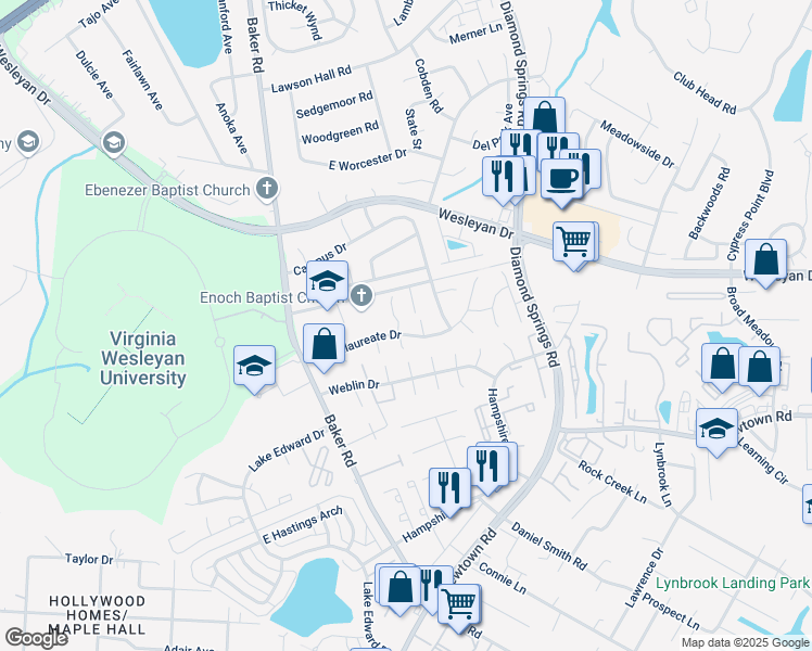 map of restaurants, bars, coffee shops, grocery stores, and more near 813 Chalk Court in Virginia Beach