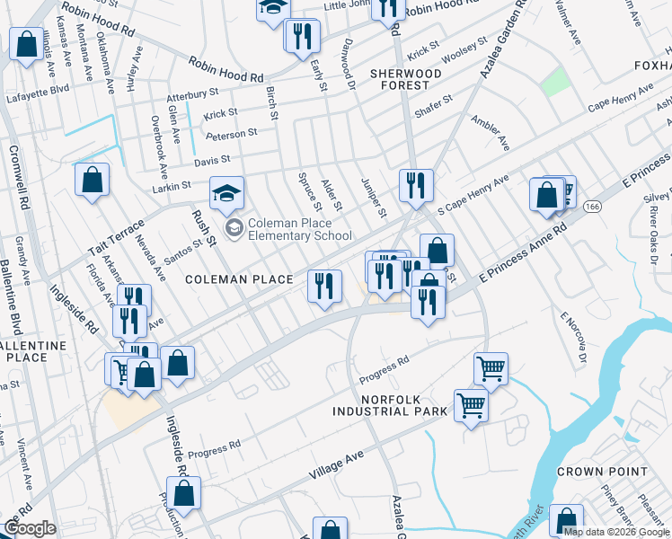 map of restaurants, bars, coffee shops, grocery stores, and more near 1556 Birch Street in Norfolk