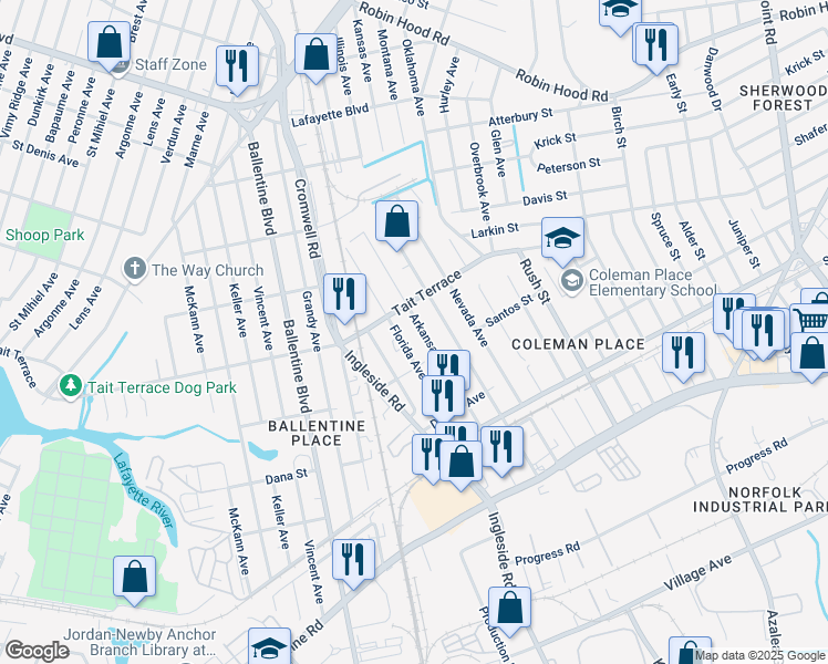 map of restaurants, bars, coffee shops, grocery stores, and more near 2518 Arkansas Avenue in Norfolk
