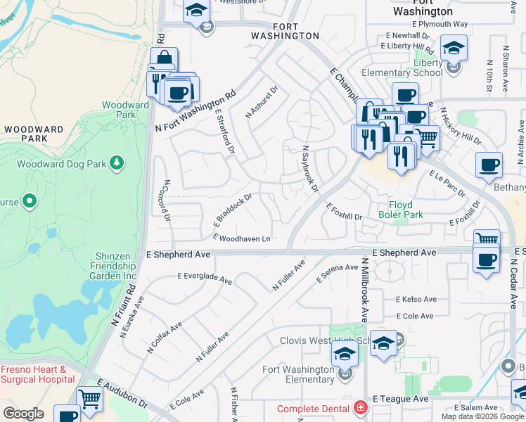 map of restaurants, bars, coffee shops, grocery stores, and more near 9139 North Woodlawn Drive in Fresno