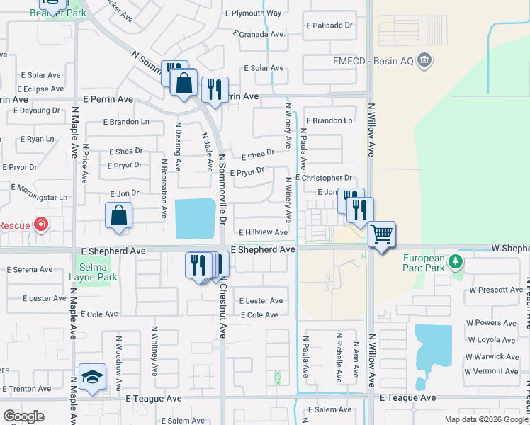 map of restaurants, bars, coffee shops, grocery stores, and more near 2650 East Skyview Avenue in Fresno