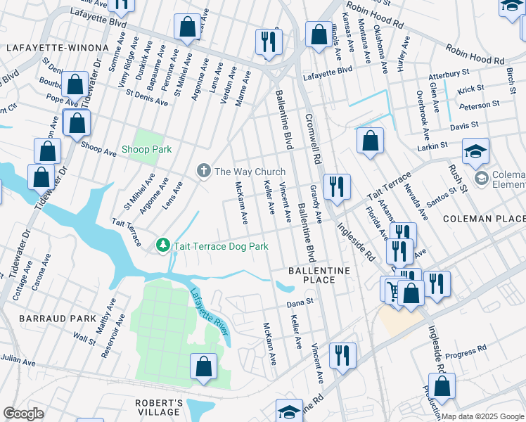 map of restaurants, bars, coffee shops, grocery stores, and more near 2628 Harrell Avenue in Norfolk