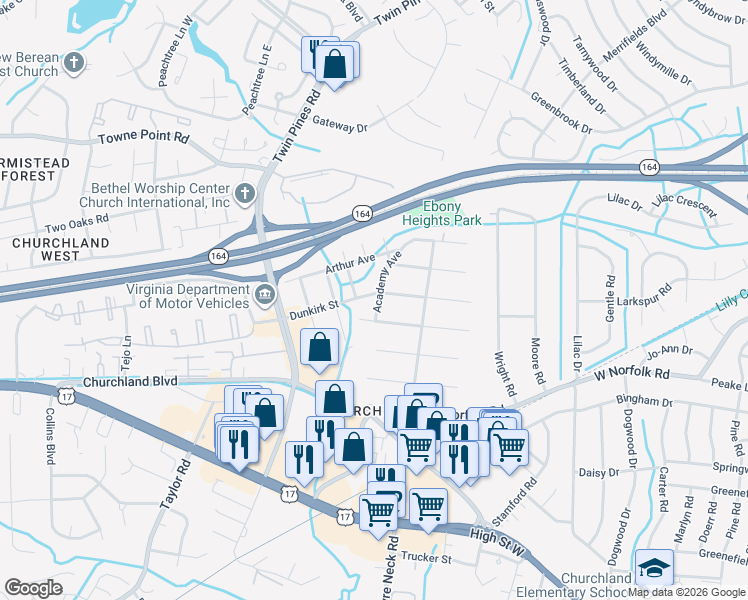 map of restaurants, bars, coffee shops, grocery stores, and more near 512 Academy Avenue in Portsmouth