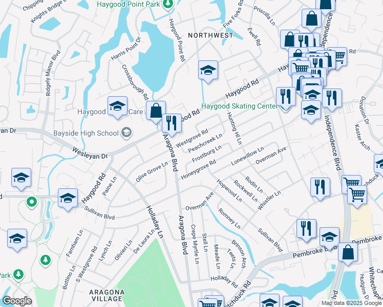 map of restaurants, bars, coffee shops, grocery stores, and more near 4856 Frostburg Lane in Virginia Beach