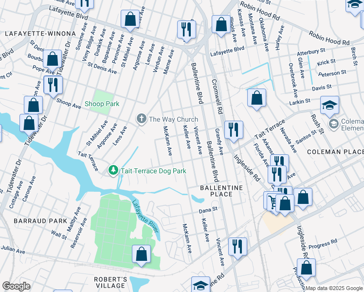 map of restaurants, bars, coffee shops, grocery stores, and more near 2628 Harrell Avenue in Norfolk