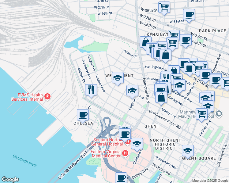 map of restaurants, bars, coffee shops, grocery stores, and more near 1127 West Princess Anne Road in Norfolk