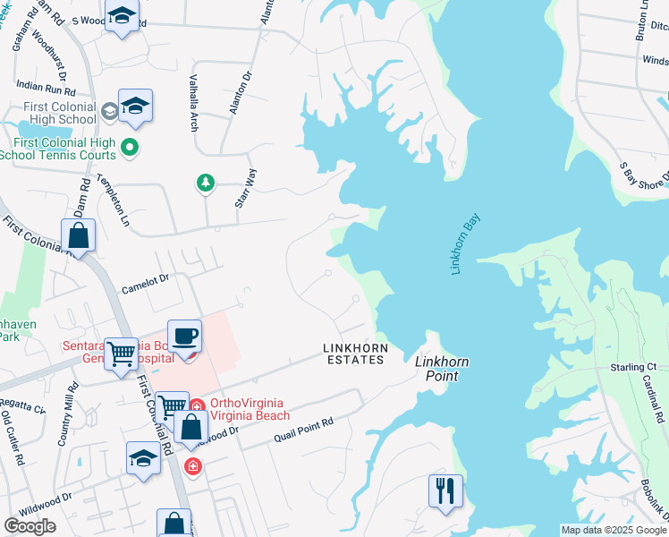 map of restaurants, bars, coffee shops, grocery stores, and more near 1508 Old Bay Court in Virginia Beach