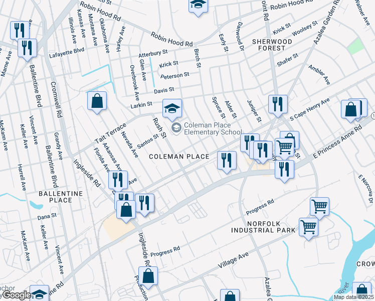 map of restaurants, bars, coffee shops, grocery stores, and more near 2324 Fairbanks Avenue in Norfolk