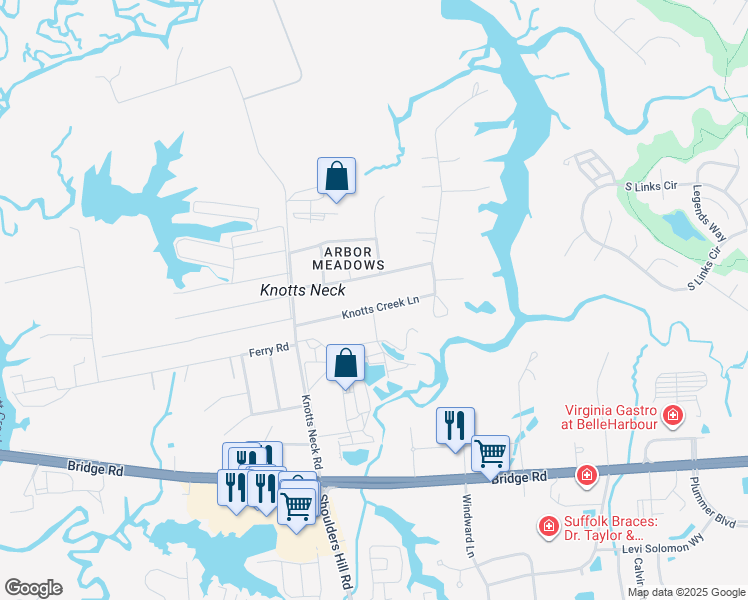 map of restaurants, bars, coffee shops, grocery stores, and more near 3738 Knotts Creek Lane in Suffolk