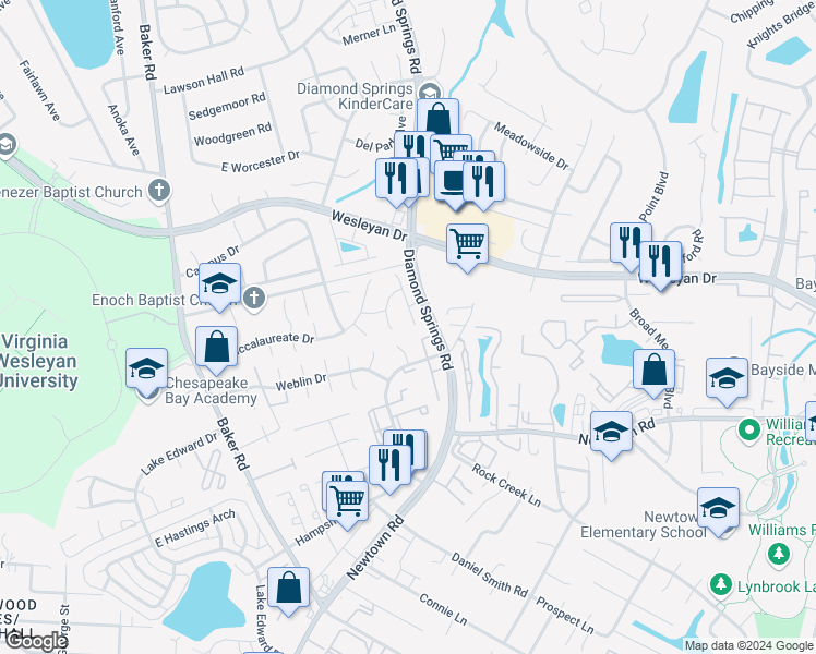 map of restaurants, bars, coffee shops, grocery stores, and more near 803 Tuition Drive in Virginia Beach