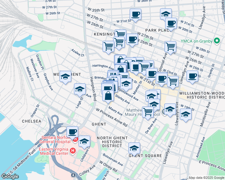 map of restaurants, bars, coffee shops, grocery stores, and more near in Norfolk