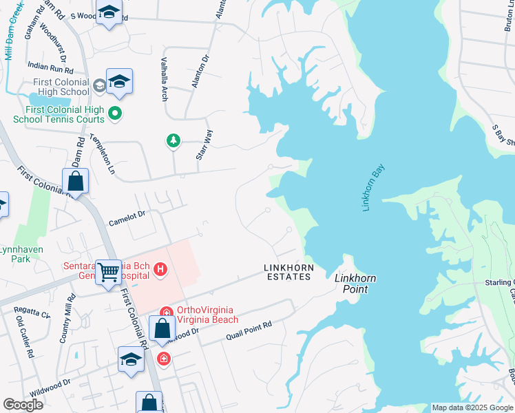 map of restaurants, bars, coffee shops, grocery stores, and more near 1508 Old Bay Court in Virginia Beach