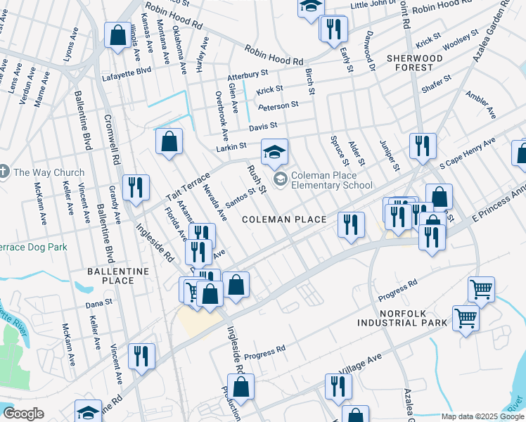 map of restaurants, bars, coffee shops, grocery stores, and more near 2416 Palmetto Street in Norfolk
