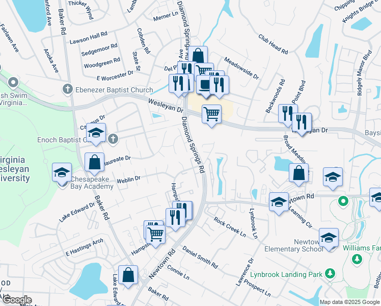 map of restaurants, bars, coffee shops, grocery stores, and more near 800 Tuition Drive in Virginia Beach