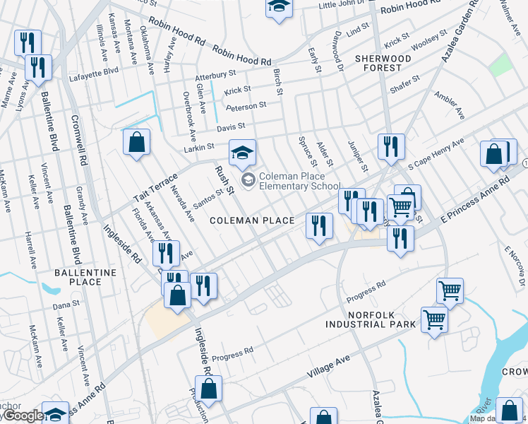 map of restaurants, bars, coffee shops, grocery stores, and more near 2324 Fairbanks Avenue in Norfolk