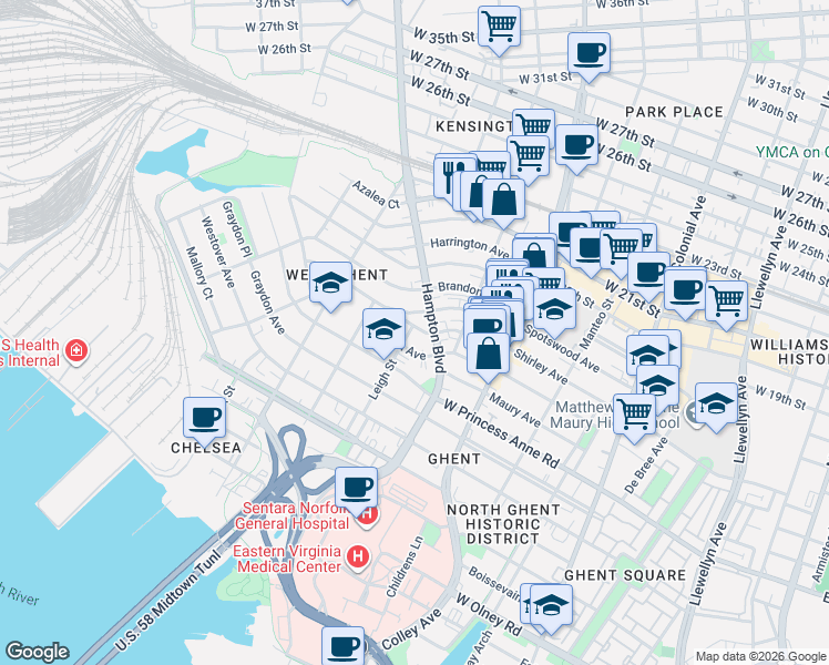 map of restaurants, bars, coffee shops, grocery stores, and more near 1007 Shirley Avenue in Norfolk