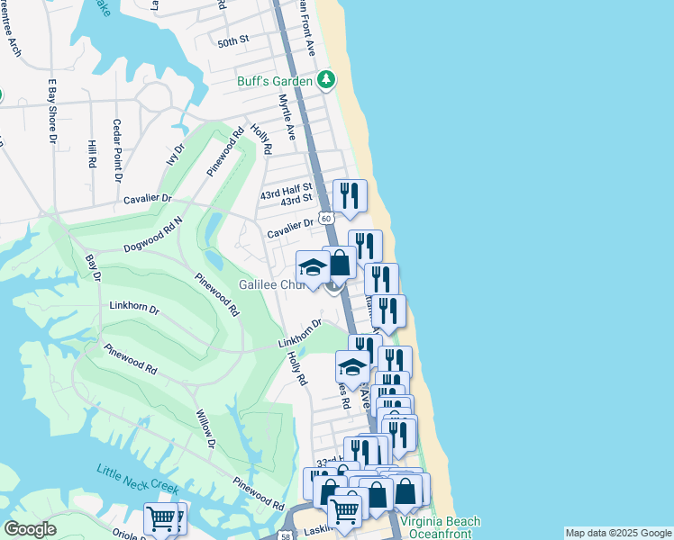 map of restaurants, bars, coffee shops, grocery stores, and more near Glen Miller Street in Virginia Beach