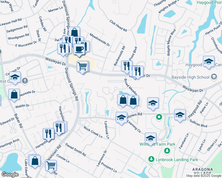 map of restaurants, bars, coffee shops, grocery stores, and more near 1006 Coach Circle in Virginia Beach