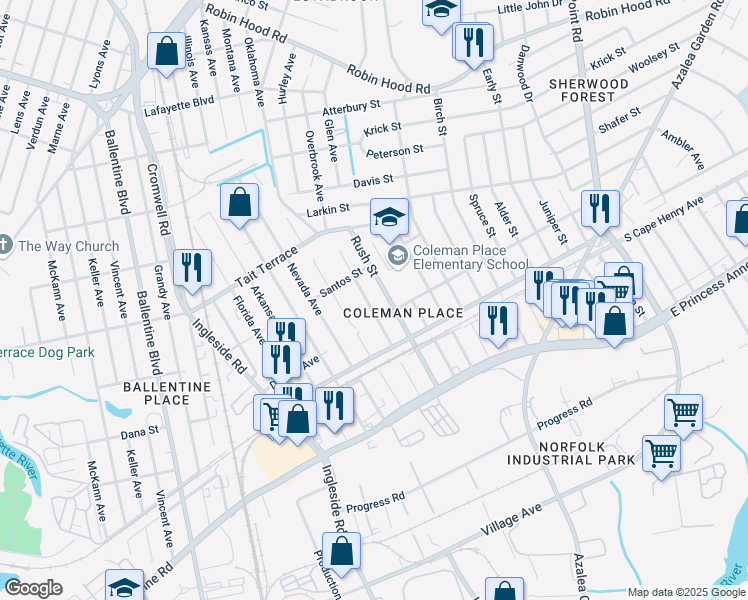 map of restaurants, bars, coffee shops, grocery stores, and more near 2416 Palmetto Street in Norfolk