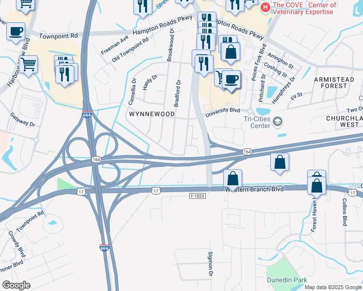 map of restaurants, bars, coffee shops, grocery stores, and more near 5909 Old College Drive in Suffolk