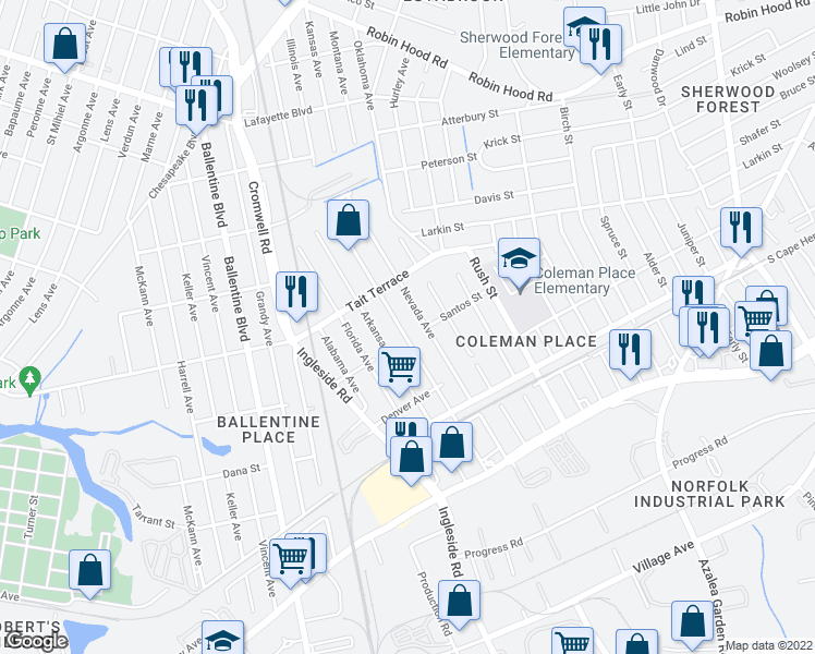 map of restaurants, bars, coffee shops, grocery stores, and more near 2506 Wyoming Avenue in Norfolk