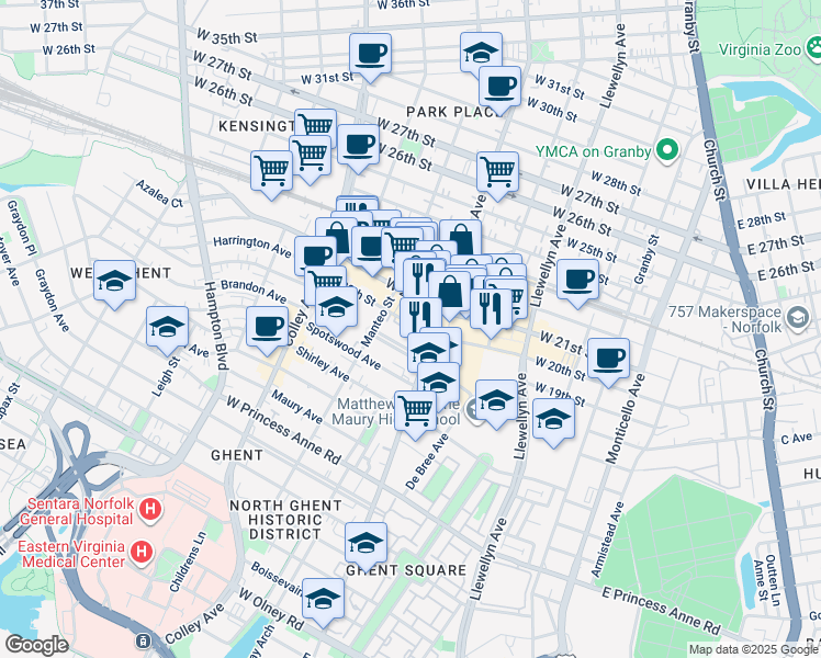 map of restaurants, bars, coffee shops, grocery stores, and more near 543 West 20th Street in Norfolk