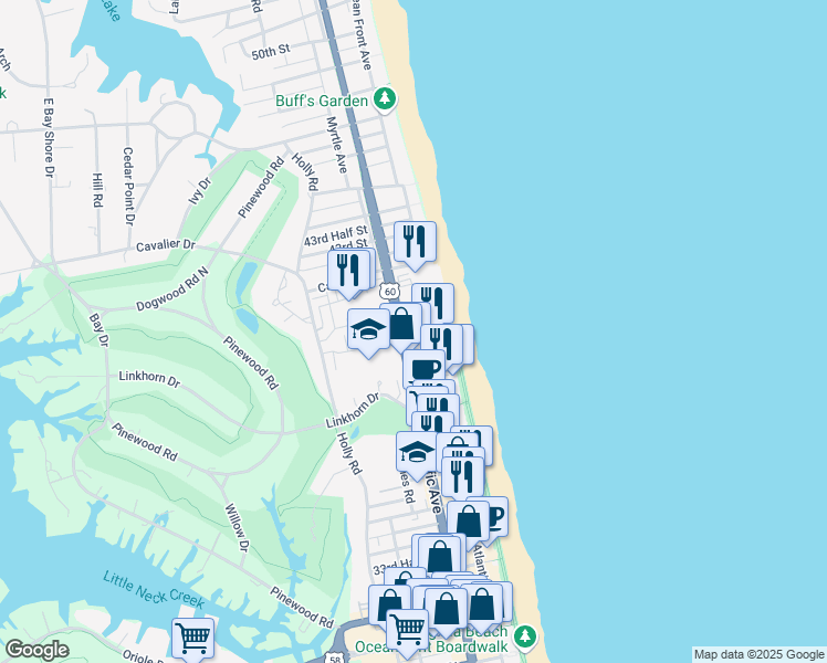 map of restaurants, bars, coffee shops, grocery stores, and more near 4004 Atlantic Avenue in Virginia Beach