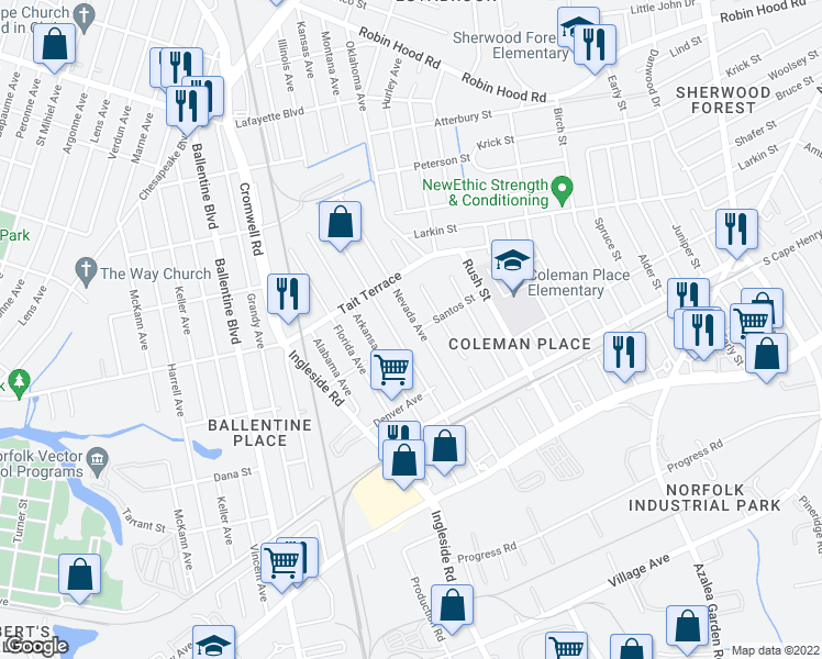 map of restaurants, bars, coffee shops, grocery stores, and more near 2501 Nevada Avenue in Norfolk