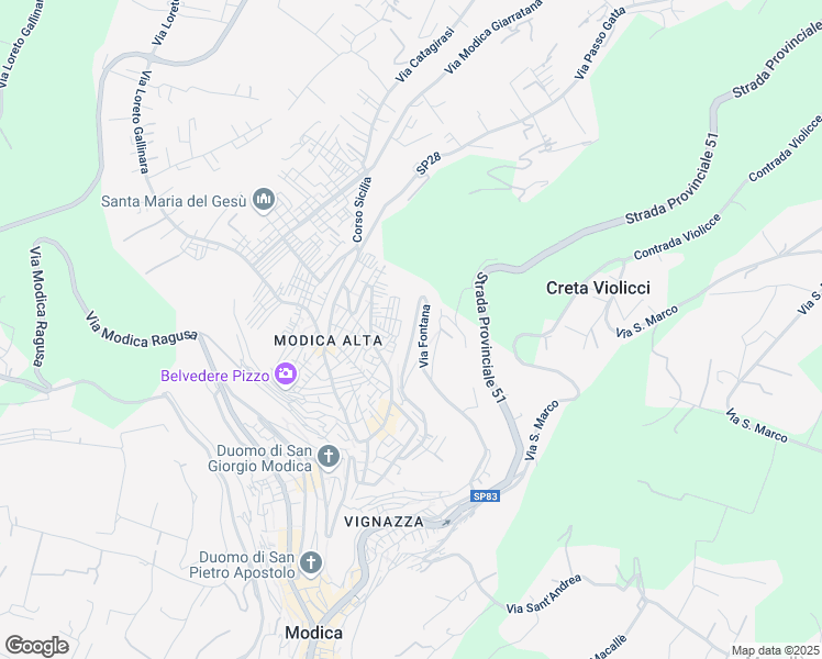map of restaurants, bars, coffee shops, grocery stores, and more near 2393 Via Fontana in Modica