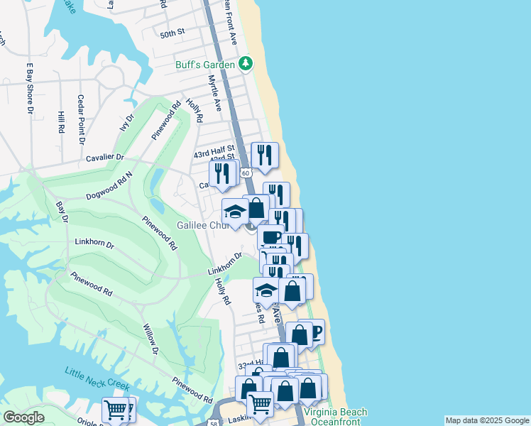 map of restaurants, bars, coffee shops, grocery stores, and more near 4004 Atlantic Avenue in Virginia Beach