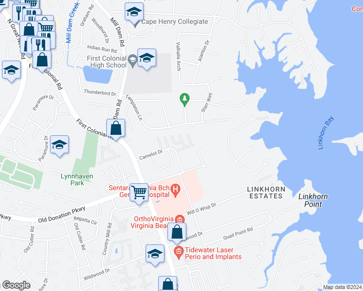 map of restaurants, bars, coffee shops, grocery stores, and more near 1703 Honorary Court in Virginia Beach