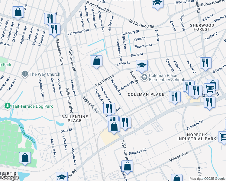 map of restaurants, bars, coffee shops, grocery stores, and more near 2506 Wyoming Avenue in Norfolk