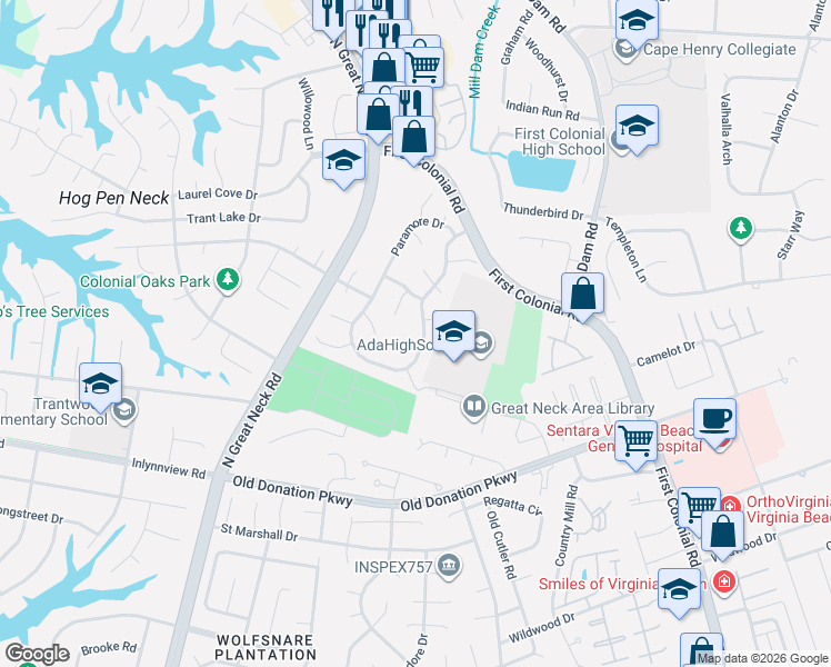 map of restaurants, bars, coffee shops, grocery stores, and more near 1280 Paramore Drive in Virginia Beach