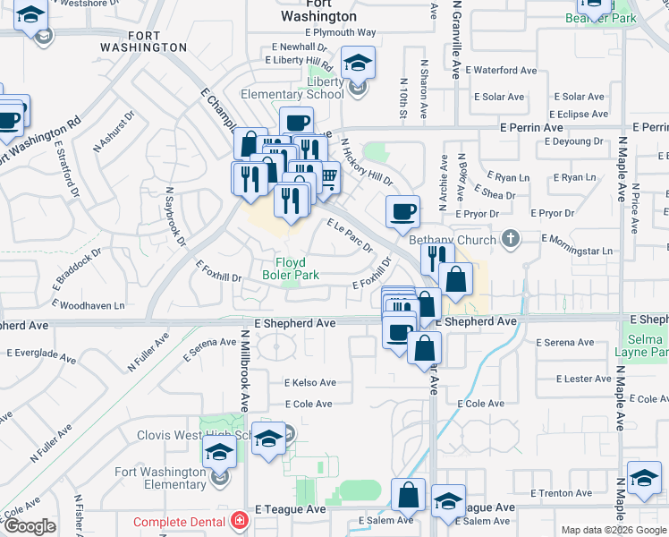 map of restaurants, bars, coffee shops, grocery stores, and more near 1230 East La France Drive in Fresno