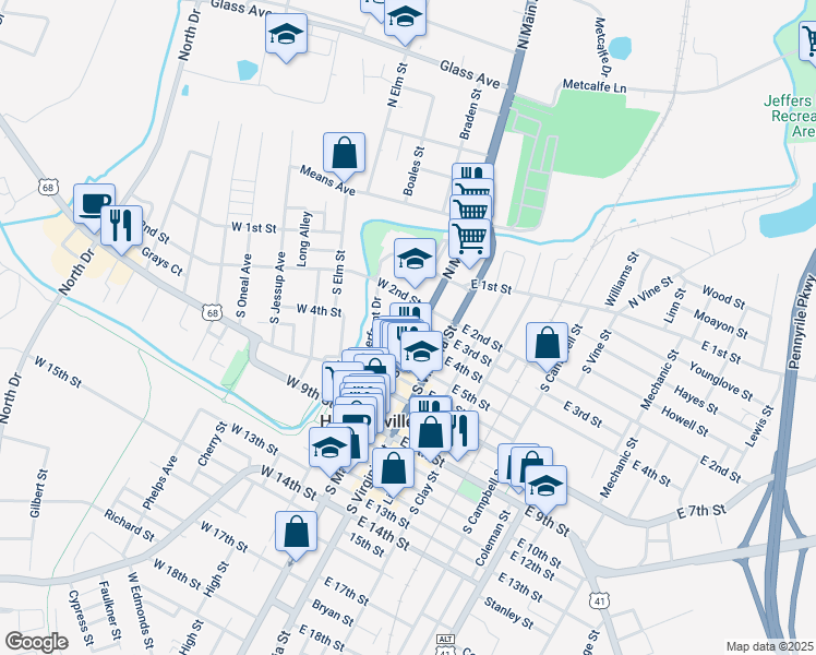 map of restaurants, bars, coffee shops, grocery stores, and more near 111 West 3rd Street in Hopkinsville