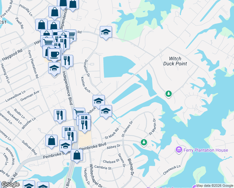 map of restaurants, bars, coffee shops, grocery stores, and more near 4393 North Witchduck Road in Virginia Beach