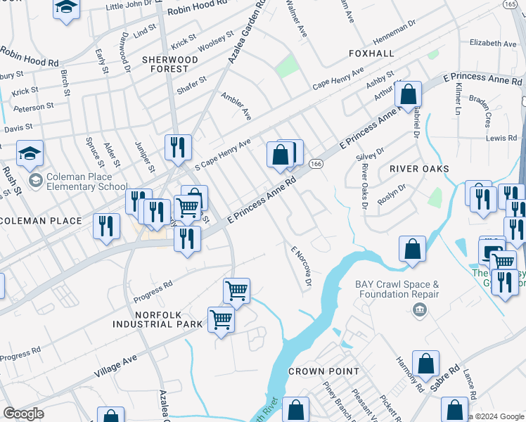 map of restaurants, bars, coffee shops, grocery stores, and more near 1441 Norcova Avenue in Norfolk
