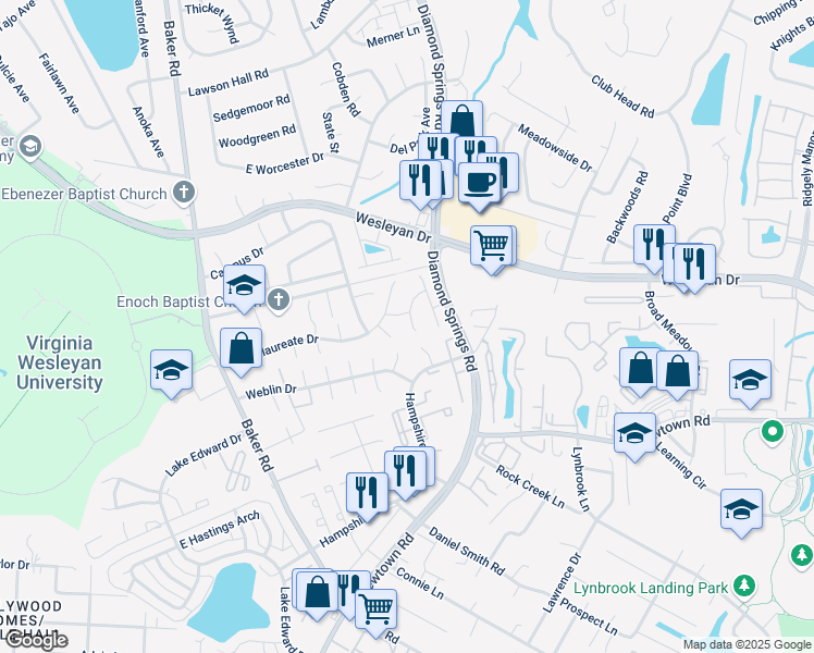 map of restaurants, bars, coffee shops, grocery stores, and more near 5442 Scholarship Drive in Virginia Beach