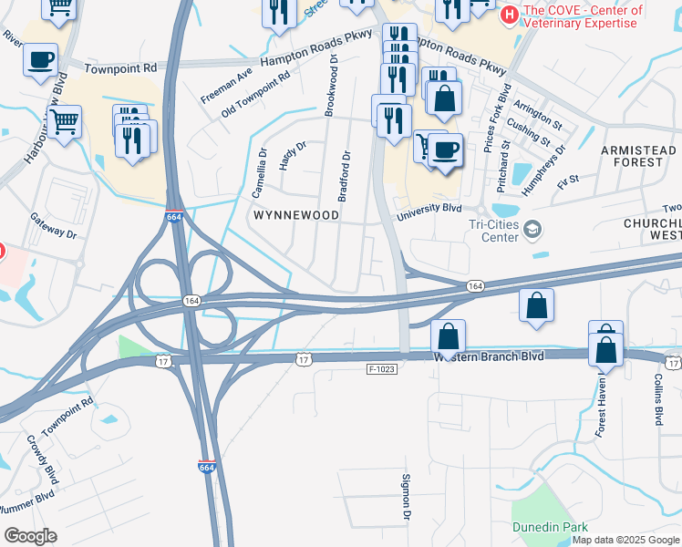 map of restaurants, bars, coffee shops, grocery stores, and more near 5909 Old College Drive in Suffolk