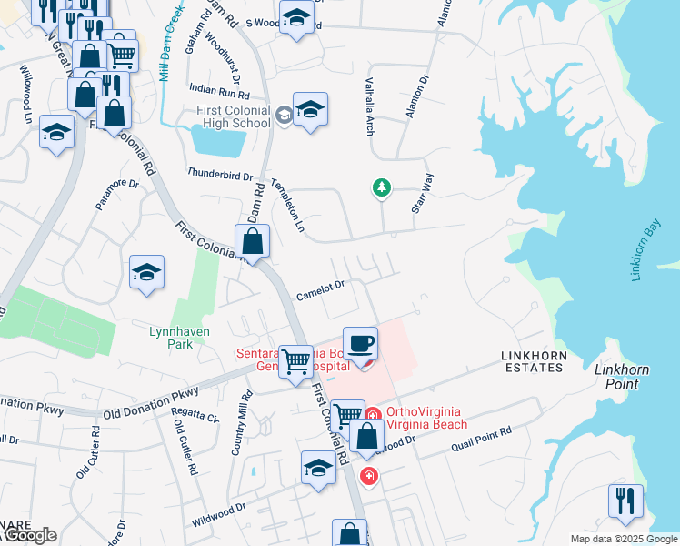 map of restaurants, bars, coffee shops, grocery stores, and more near 1112 Embassy Court in Virginia Beach