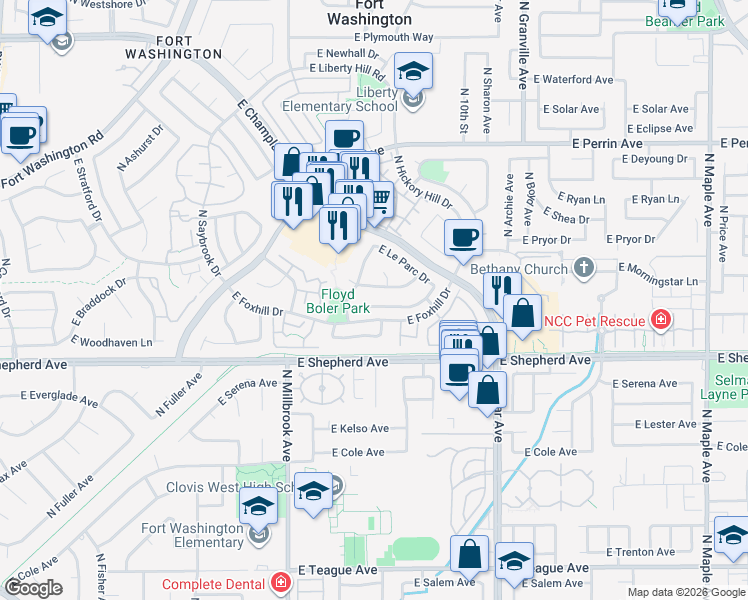 map of restaurants, bars, coffee shops, grocery stores, and more near 1230 East La France Drive in Fresno