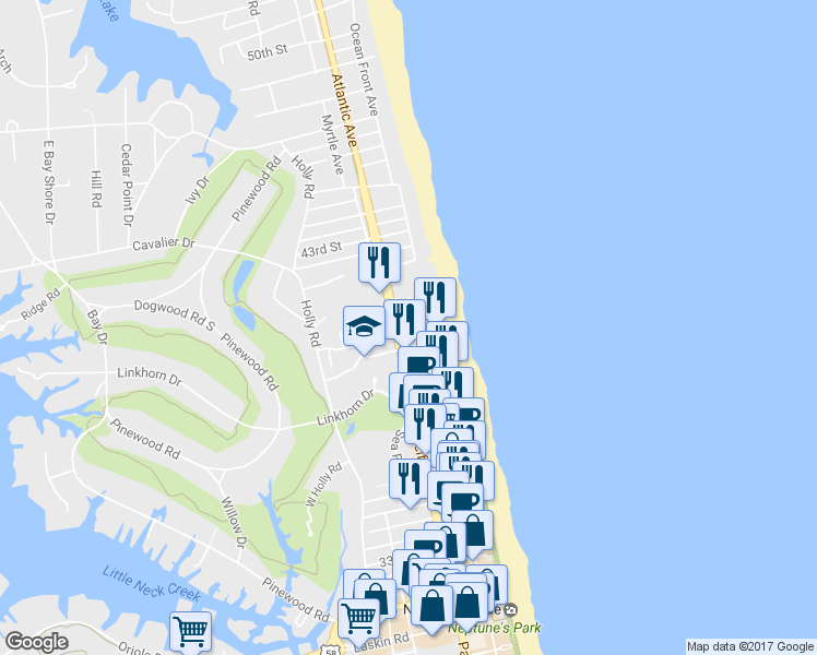 map of restaurants, bars, coffee shops, grocery stores, and more near 4004 Atlantic Avenue in Virginia Beach