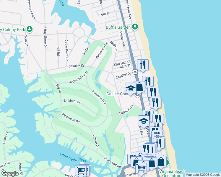 map of restaurants, bars, coffee shops, grocery stores, and more near 98 Holly Crescent in Virginia Beach